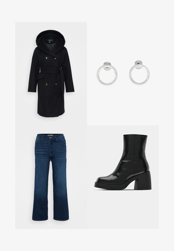 Črn volnen plašč z velikim kapuco, dvojno zapenjanje spredaj, zlatimi gumbi in z zavezanjem. Ima stranske žepke in klasičen kroj.; Even&Odd Petite 2 PACK - Top - light grey/black; ONLY Petite ONLMADISON BLUSH WIDE - Široke hlačnice - dark blue denim; Črne gležnjarje z sijajno površino, kvadratnim nosom in debelim blokskim peto. Oblikovanje izstopa s brezšivno silhueto in minimalnim logotipiranjem.; Srebrni kovinski obročasti uhani z brušenjem, s krožno obliko in prozornim zatičem za varno nošenje.