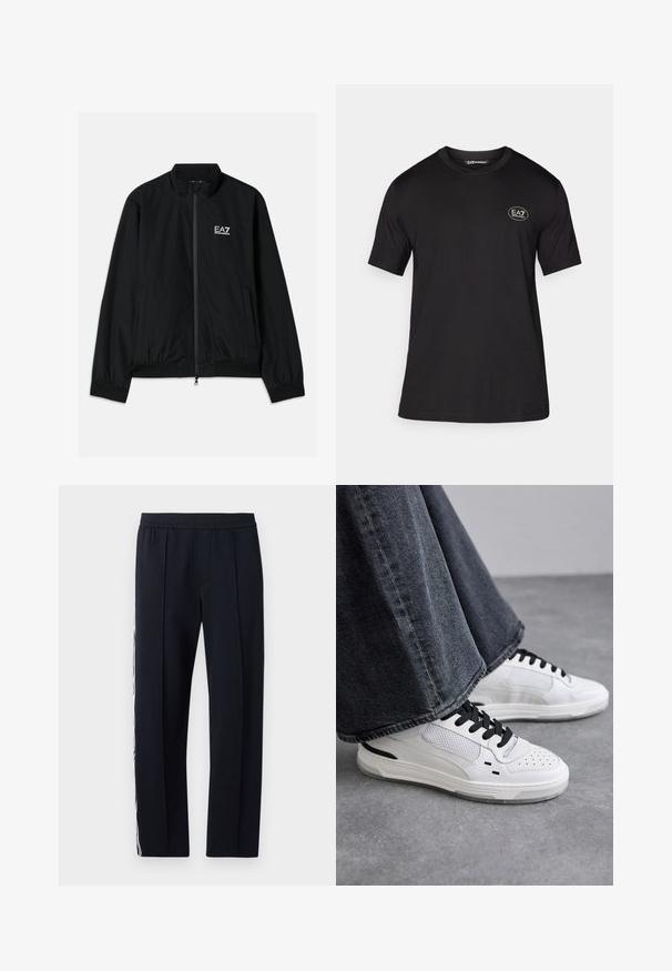 Černá bomber bunda s vysokým límcem, předním zipem, elastickými manžetami a lemem. Obsahuje bílé logo EA7 na levé straně hrudi a dvě boční kapsy.; Černé tričko s krátkým rukávem vyrobené z měkké tkaniny, s kulatým výstřihem a malým bílým logem na levé straně hrudi.; Černé, zúžené kalhoty s elastickým pasem, které mají dvě boční kapsy a bílý pruh běžící podél vnější strany nohy. Hladký materiál.; Bílé tenisky s černými tkaničkami a síťovinou. Mají hladký kožený svršek a texturovanou gumovou podrážku. Doplňují je široké šedé džíny.