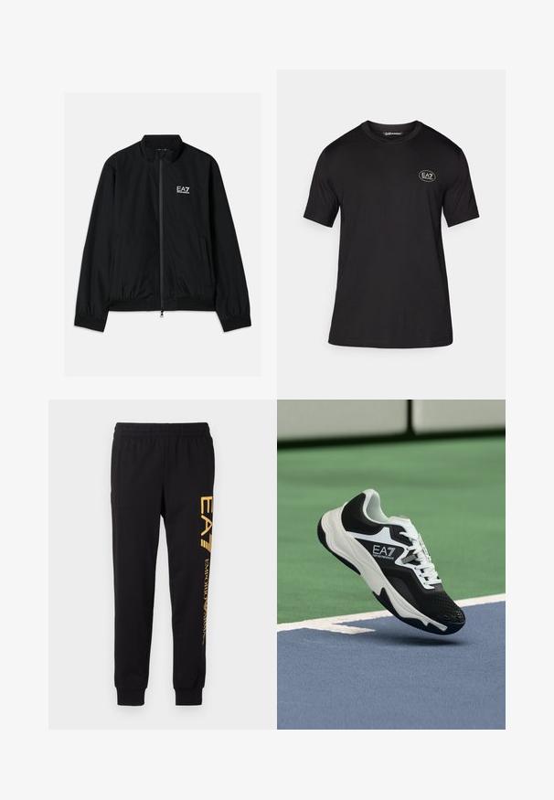 Casaco bomber preto com colarinho alto, fecho éclair à frente, punhos elásticos e bainha. Apresenta o logótipo branco EA7 no lado esquerdo do peito e dois bolsos laterais.; T-shirt preta de manga curta feita de um tecido macio, com um decote redondo e um pequeno logótipo branco na área do lado esquerdo do peito.; Calças de treino pretas feitas de tecido suave, com uma cintura elástica e tornozelos ajustados. Logotipo amarelo impresso verticalmente na perna esquerda.; Ténis EA7 Emporio Armani a preto e branco suspenso acima das linhas azuis e verdes de um tribunal de ténis.