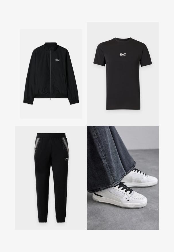 Juodas bomber stiliaus švarkas su aukštu apykaklė, užtrauktuku priekyje, elastingomis rankovėmis ir apačia. Kairėje krūtinės pusėje yra baltas EA7 logotipas ir dvi šoninės kišenės.; Juoda trumpomis rankovėmis marškinėliai iš minkštos medžiagos, su mažu baltu EA7 Emporio Armani logotipu ant krūtinės. Klasikinė apvali kaklo iškirptė.; Juodos sportinės kelnės su siaurėjančiomis kojomis, su užtrauktukais šoninėmis kišenėmis, juostelėmis akcentais, elastingu juosmeniu ir EA7 Emporio Armani logotipu dešinėje šlaunyje.; Balsuoti baltieji sportbačiai su juodomis raištelėmis ir tinklo detalėmis. Turintys lygią odinę viršutinę dalį ir tekstūruotą gumos padą. Su plačiais pilkais džinsais.