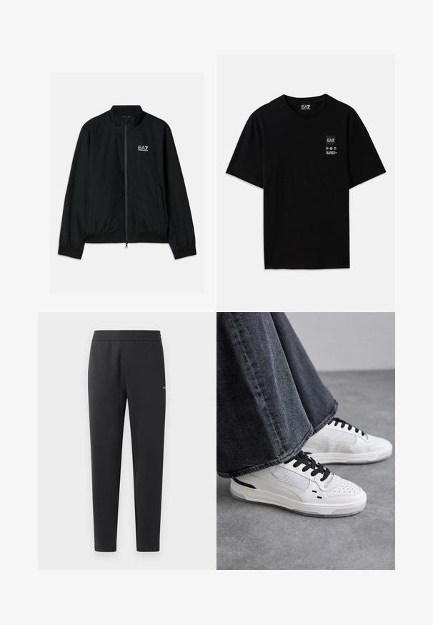 Juodas bomber stiliaus švarkas su aukštu apykaklė, užtrauktuku priekyje, elastingomis rankovėmis ir apačia. Kairėje krūtinės pusėje yra baltas EA7 logotipas ir dvi šoninės kišenės.; Juoda medvilnė t-shirt su trumpomis rankovėmis, apvalia iškirpte ir maža logotipo etiketė priekyje su baltomis priežiūros simbolių pictogramomis.; Juodos sportinės kelnės, pagamintos iš minkštos medžiagos, su elastinga juosmeniu, tiesiomis kojomis ir nedideliu logotipo akcentu šone.; Balsuoti baltieji sportbačiai su juodomis raištelėmis ir tinklo detalėmis. Turintys lygią odinę viršutinę dalį ir tekstūruotą gumos padą. Su plačiais pilkais džinsais.