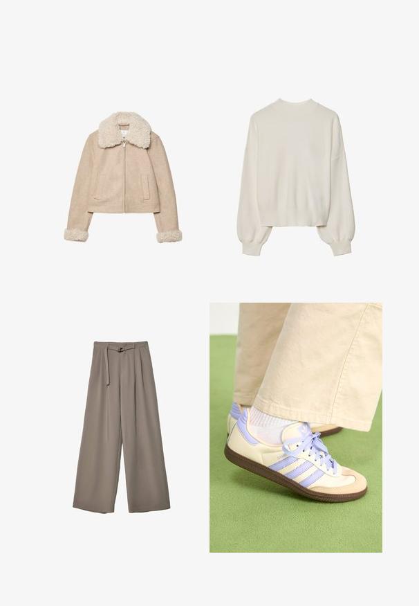 Giacca cropped beige realizzata in tessuto morbido, con un colletto e polsini in pelliccia crema, chiusura con zip e due tasche frontali.; Maglione bianco lavorato a maglia con collo alto, texture a coste e maniche a palloncino. Lunghezza corta con polsini aderenti. Design semplice e di colore uniforme.; Pantaloni a gamba larga in un morbido tessuto grigio tenue, con vita con cintura e pieghe per un tocco di design aggiuntivo. Texture liscia, senza motivi.; Sneakers crema e lavanda con tre strisce e suola marrone texturizzata, dotati di lacci e tallone imbottito. Parte superiore in tessuto morbido.