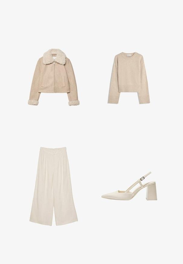 Beige cropped jakke lavet af blødt stof, med en fluffy cremefarvet krave og manchetter, lynlås lukning og to forlommer.; Beige cropped sweater lavet af blød strik. Har rund halsudskæring, lange ærmer samt ribbede manchetter og kant for ekstra tekstur.; Lette beige bredde ben bukser i linned med plisseret design og elastisk talje for komfort og nem påklædning.; Beige slingback sko med spids tå, glat lakeret overflade, mid-block hæl og justerbar rem. Minimalistisk design med åbne sider.
