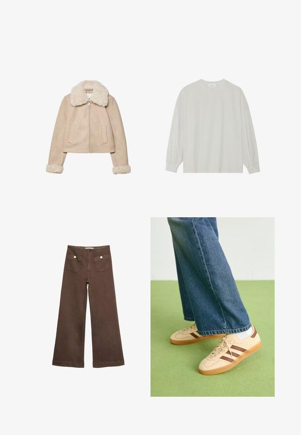 Giacca cropped beige realizzata in tessuto morbido, con un colletto e polsini in pelliccia crema, chiusura con zip e due tasche frontali.; T-shirt a maniche lunghe grigio chiaro realizzato in cotone morbido. Presenta una vestibilità ampia, scollatura rotonda e polsini delicatamente arricciati. Nessun motivo o grafica.; Pantaloni larghi marroni in cotone, con due tasche frontali decorate da bottoni argentati e una texture liscia.; Sneakers beige con pannelli texturizzati crema e strisce marroni, abbinati a jeans in denim blu. I jeans hanno un taglio largo e orlo sfilacciato.