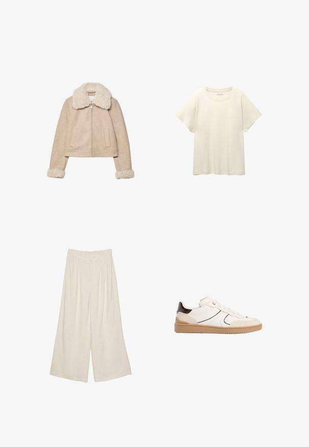 Beige cropped jakke lavet af blødt stof, med en fluffy cremefarvet krave og manchetter, lynlås lukning og to forlommer.; Lys beige kortærmet t-shirt med rund halsudskæring, lavet af blødt, glat stof. Har en afslappet pasform og lige forneden.; Lette beige bredde ben bukser i linned med plisseret design og elastisk talje for komfort og nem påklædning.; Stradivarius Sneakers - white