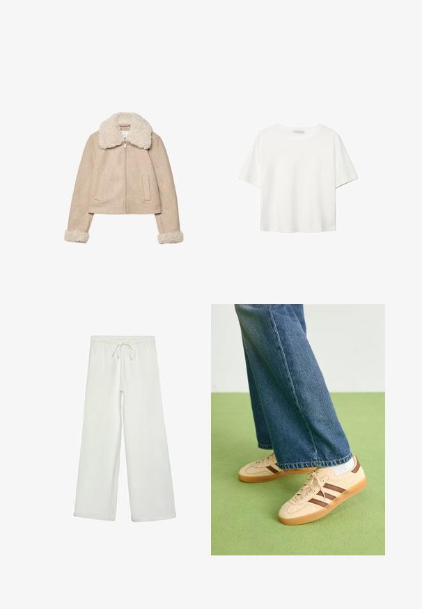 Giacca cropped beige realizzata in tessuto morbido, con un colletto e polsini in pelliccia crema, chiusura con zip e due tasche frontali.; T-shirt bianco a maniche corte realizzato in cotone. Presenta un collo tondo e una vestibilità rilassata. Texture liscia senza motivi o dettagli visibili.; Pantaloni bianchi a gamba larga realizzati in un tessuto morbido. Presentano un elastico in vita con cordino e una consistenza liscia. Senza motivi visibili o accessori.; Sneakers beige con pannelli texturizzati crema e strisce marroni, abbinati a jeans in denim blu. I jeans hanno un taglio largo e orlo sfilacciato.