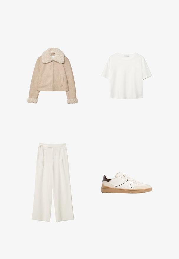 Beige cropped jakke lavet af blødt stof, med en fluffy cremefarvet krave og manchetter, lynlås lukning og to forlommer.; Hvid kortærmet t-shirt lavet af bomuld. Har en rund halsudskæring og en afslappet pasform. Glat tekstur uden synlige mønstre eller detaljer.; Vide ben bukser i off-white stof med en glat tekstur. Har en bundet talje og plisseret front, designet til en afslappet pasform.; Stradivarius Sneakers - white