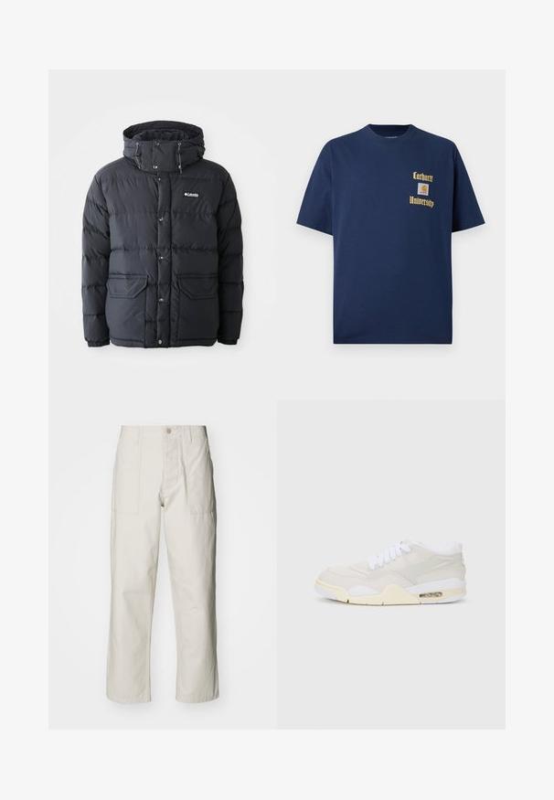 Casaco puffer preto com capuz ajustável, fecho de pressionar, dois bolsos frontais e design acolchoado. Feito de material resistente à água.; T-shirt de algodão azul-marinho com mangas curtas, apresentando texto dourado "Carhartt University" e um emblema no lado esquerdo do peito.; Calças largas em bege claro, feitas de algodão. Apresentam bolsos frontais e fecho com botão. Textura suave com linhas verticais subtis.; Sapatilhas com um cabedal sintético beije claro, atacadores brancos e amortecimento visível. Apresentam uma sola suave e detalhes discretos nas laterais.