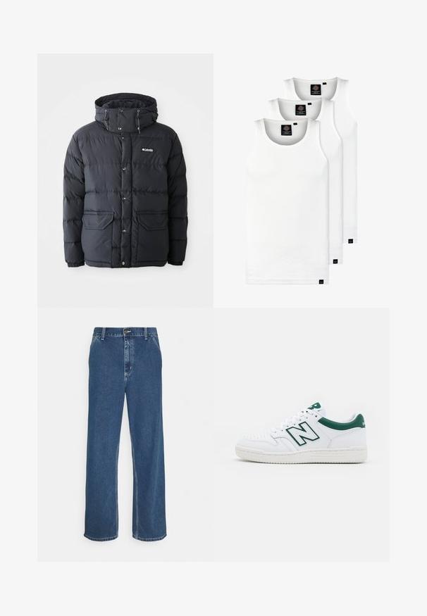 Musta puffatakki, jossa on nyörihuppu, napillinen sulku, kaksi etutaskua ja tilkkusaumakuosi. Valmistettu vedenkestävästä materiaalista.; Kolme valkoista ribbitekstiilistä toppia, jotka on valmistettu puuvillasta. Ominaisuuksiin kuuluu pyöreä pääntie ja pieni musta etiketti helman lähellä. Saatavilla useissa kooissa.; Siniset farkut suoran leikkauksen, viiden taskun muotoilun, metallinappikiinnityksen ja näkyvän ompelun saumoissa ja helmassa.; Valkoiset tennarit vihreillä yksityiskohdilla, nahkainen päällinen, rei'itetty varvasosa, nauhakiinnitys ja rakenteellinen kumipohja. Varustettu näkyvällä "N"-logolla.