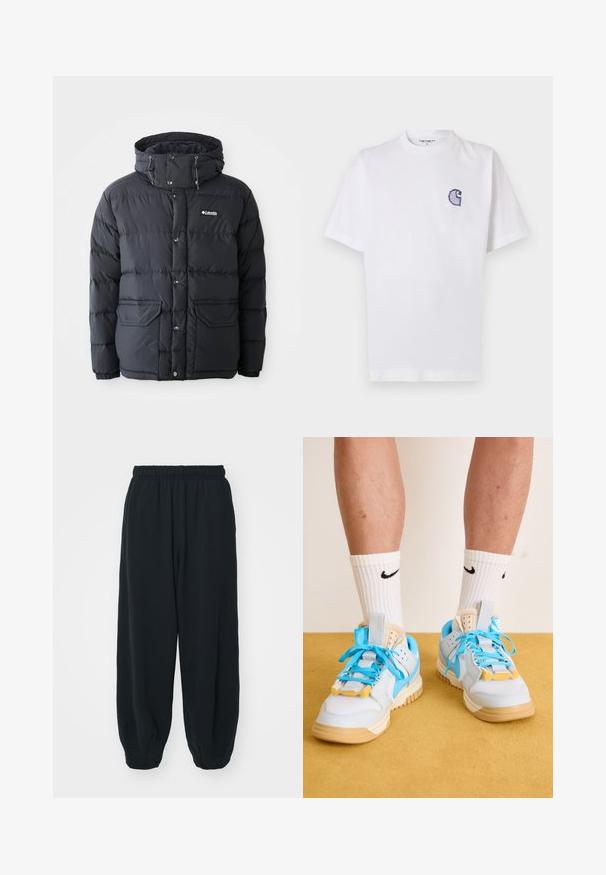 Czarna kurtka puchowa z kapturem na troczki, zapięciem na zatrzaski, dwoma przednimi kieszeniami i pikowanym wzorem. Wykonana z materiału wodoodpornego.; Biała bawełniana koszulka z krótkimi rękawami, okrągłym dekoltem i małym, niebieskim haftowanym logo "C" na lewej stronie klatki piersiowej.; Czarne dresy z elastycznym pasem, luźny krój, ściśnięte nogawki, gładka tekstura, bez widocznych wzorów lub ozdób.; Jasnoniebieskie trampki z brązowymi podeszwami, wyposażone w wyraźne turkusowe sznurowadła i żółte akcenty. Teksturowane materiały i widoczne poduszki powietrzne.