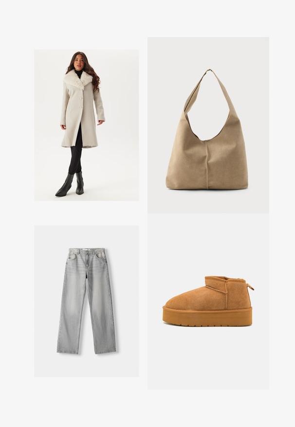 Lysegrå frakke med hvid pelskrave, en-kravede design og store knapper. Båret over sorte leggins og ankelstøvler.; Hvid kortærmet bluse med lodrette og chevron-striber, der har en lynlås foran, spidse kraver og to forlommer.; Lys grå denim jeans med lige pasform, der har to frontlommer, en knappelukning og diskrete slidser for tekstur.; Brune suede ankelstøvler med en rund tå, lav skæring, og en tekstureret gummisål med en lille platform og et hængsel.; Hobo taske i blød beige ruskind med en afslappet form, bred skulderrem og håndsyet sømdetalje langs fronten.