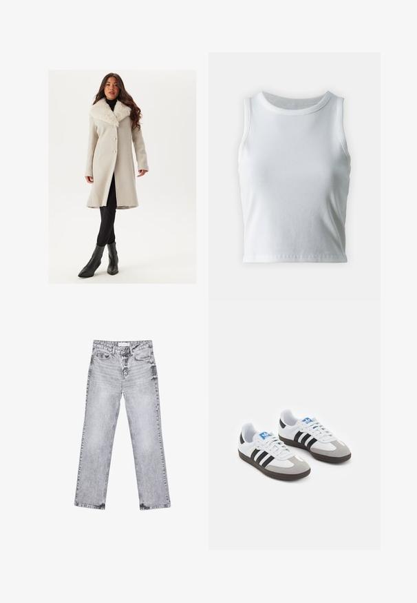 Lysegrå frakke med hvid pelskrave, en-kravede design og store knapper. Båret over sorte leggins og ankelstøvler.; Hvid ribbet tanktop med rund halsudskæring og ærmeløs design, med en lige kant og en glat, strækbar tekstur.; Grå denim jeans med lige ben, distressed detaljer, fem lommer og kobbernitter. Taljebåndet har et logomærke.; Sportsko med en overdel i hvid læder, grå ruskind på tåen og tre sorte striber. Har et blåt logo på tungen og en struktureret gummisål.