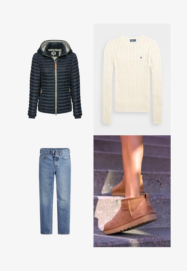Marineblauer gepolsterter Anorak mit Kapuze, Reißverschluss, Innenfutter in Hellgrau und hellbraunen Lederakzenten am Reißverschluss und den Ärmeln.; Cremefarbener kabelgehäkelter Pullover mit langen Ärmeln, gerippten Bündchen und Saum, mit einem kleinen gestickten Logo auf der linken Brust.; Helle blaue Jeans im geraden Schnitt, mit fünf Taschen und einem Knopfverschluss. Sie weisen dezente Verfärbungen und orangefarbene Nähte auf.; Beige Wildleder-Ankelstiefel mit weicher Textur, gesteppten Details und einer Gummisohle, ausgestattet mit einer Schlaufe an der Ferse für einfaches An- und Ausziehen.