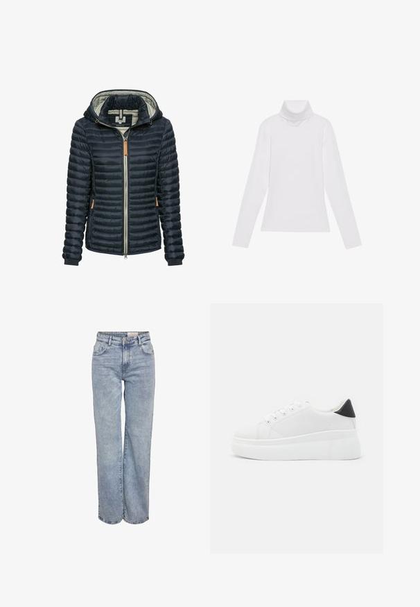 Marineblauer gepolsterter Anorak mit Kapuze, Reißverschluss, Innenfutter in Hellgrau und hellbraunen Lederakzenten am Reißverschluss und den Ärmeln.; Weißes Langarm-Turtleneck-Oberteil aus glattem, elastischem Stoff. Mit hohem Kragen und tailliertem Schnitt, ohne sichtbare Muster oder Verzierungen.; Hellblau weite Jeans aus Denim, mit hoher Taille, fünf Taschen-Design und subtilen Ausbleichungen für einen eingesessenen Look.; Weiße Plateausneaker aus glattem Kunstmaterial, mit runder Zehenform, Schnürdesign und einer strukturierten Gummisohle. Schwarzer Fersenakzent.