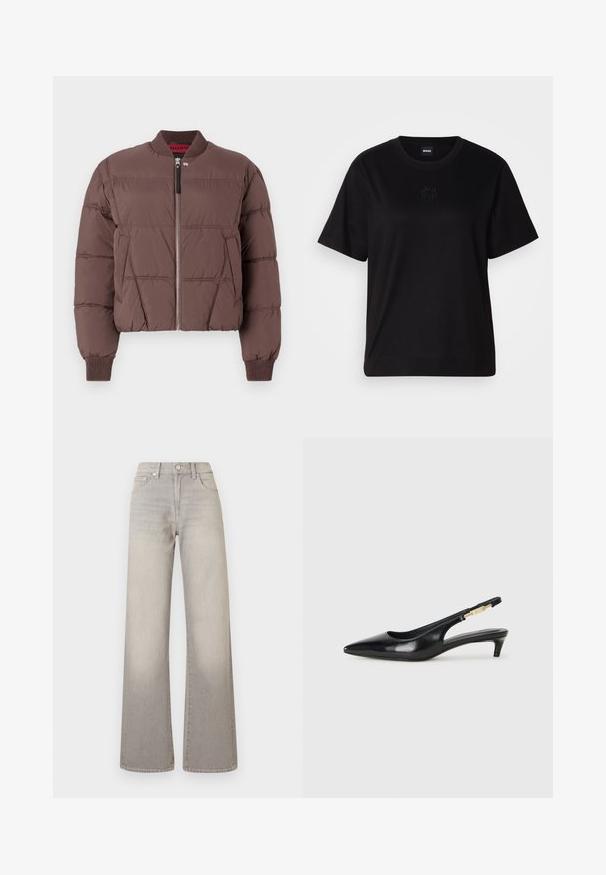 Brun kort pufferjacka med blixtlås fram, ribbat krage och texturerade paneler. Har elastiska ärmslut och sidofickor.; Svart bomullströja med rund halsringning, korta ärmar och en broderad logotyp på bröstet. Enkel, avslappnad passform utan mönster.; Grå vidbenade jeans med en blekt finish, knappstängning, femficksdesign och sömnad detaljer längs sömmarna.; Svart läder slingback-hälar med spetsig tå, med en smal klack och en guldtonad detalj på den justerbara remmen. Slät textur.