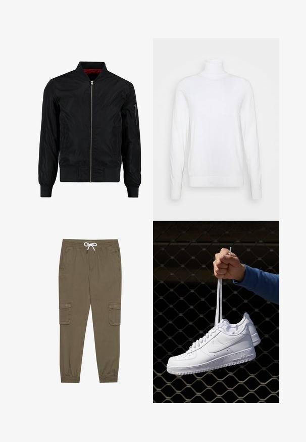 Melna bomber jaka ar rāvējslēdzēja priekšpusi, ribotām piedurknēm un apakšmalu, kā arī gludu virsmu. Iekšpusē ir sarkans oderējums un rāvējslēdzēja kabata uz piedurknes.; Balts augstais apkakles džemperis ar garām piedurknēm, izgatavots no gludas auduma. Ievērojama pieguļošā forma un ribota apkakle un apakšmala. Nav nekādu rakstu vai akcentu.; Kaki kravas bikses ar elastīgu jostu un auklu, ar sānu kabatām un piegrieztiem potīšu galiem. Izgatavotas no teksturēta, viegla materiāla.; Baltas ādas sporta apavi ar perforācijām, apaļu purngali, plakanu zoli un biezām šņorēm, ar redzamu swoosh logo un vārdu "AIR" uz papēža.