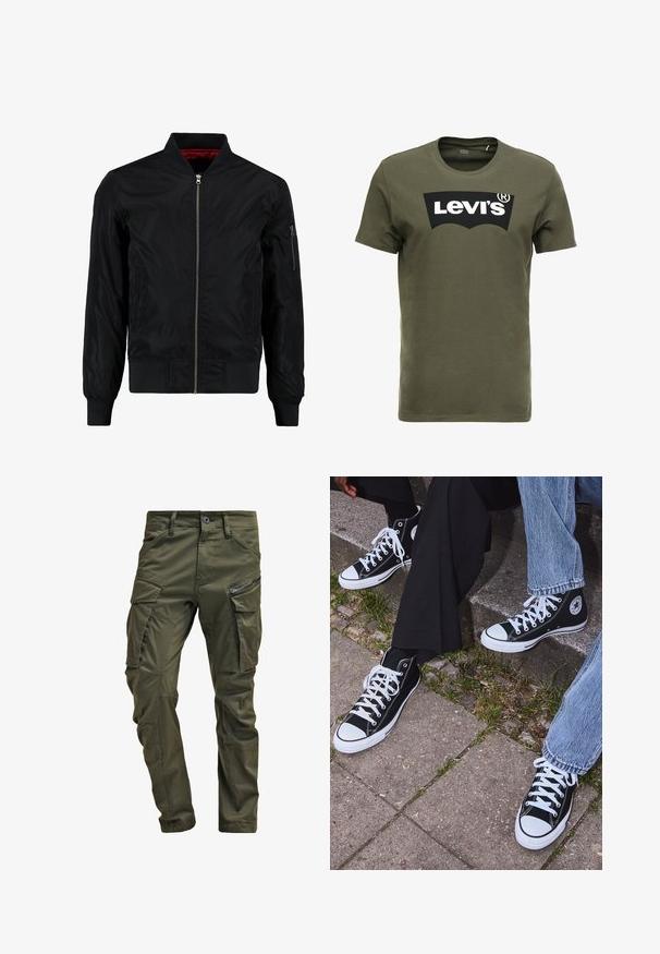 Svart bomberjakke med glidelåsfront, ribbede mansjetter og hem, samt en glatt overflate. Har rød fôr og en glidelåslomme på ermet.; Oliven grønn bomulls t-skjorte med en stor svart Levi's-logo på forsiden. Klassisk crewneck og korte ermer, glatt tekstur.; Olivengrønne cargo-bukser lavet af robust bomuld. Har flere lommer, en lynlåslomme på siden og tætsiddende ben med en let struktureret overflade.; Sorte høyre sneakers i kanvas med hvite gummisåler og snøringer, med et rundt logo på siden og kombinert med denim og sorte bukser.