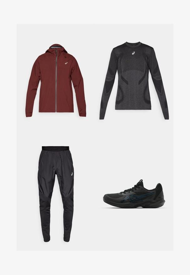 Bordeauxfarbene wasserdichte Jacke mit Kapuze, Reißverschluss und Daumenlöchern. Besitzt ein Logo auf der Brust und ein kontrastierendes Innenfutter.; Langärmliges Sportoberteil in Dunkelgrau mit strukturierten Designelementen in Hellgrau. Rundhalsausschnitt mit Logo auf der Brust.; Schwarze Sporthosen mit einem dehnbaren Bund, Seitentaschen und kontrastierenden Texturpanelen an den Beinen. Asics-Logo an der Hüfte.; ASICS SOLUTION SPEED FF 3 CLAY - Tennisschuh für Sandplätze - black/prism blue