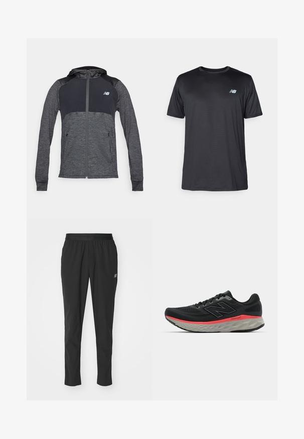 Haut de survêtement sportif gris avec fermeture éclair à l'avant, épaules plus foncées contrastantes, deux poches avant et un petit logo sur la poitrine gauche.; New Balance T-shirt de sport - black; Pantalons de sport noirs en matériau léger avec une taille élastique, un design fuselé et un logo discret sur le côté.; Baskets de course noires avec tige en mesh, rehaussées par une rayure rose sur la semelle intermédiaire et une semelle extérieure grise. Comprend des détails texturés et un design de semelle flexible.