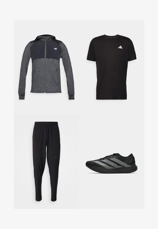 Šedá sportovní mikina s kapucí na zip, kontrastní tmavší ramena, dvě přední kapsy a malá logo na levé hrudi.; Černé bavlněné tričko s krátkým rukávem, kulatým výstřihem a bílým logem na levé hrudi. Hladká textura a jednoduchý design.; Černé sportovní kalhoty s elastickým páskem, zúženým střihem, bočními kapsami a nenápadným logem. Vyrobeno z pružné, prodyšné látky.; Černé sportovní boty s lehkou konstrukcí, se třemi výraznými šedými pruhy, hladkým povrchem a tvarovanou podrážkou.