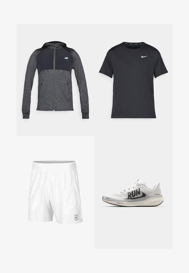 Black and dark gray zip-up hoodie with a smooth texture, featuring a hood, side pockets, and logo detail on the chest.; Black Nike running T-shirt made of lightweight, breathable material, featuring short sleeves and a small white logo on the chest.; White athletic shorts made of lightweight fabric with an elastic waistband, featuring two side pockets and a small black logo on the hem.; White running shoe with mesh upper, large black "RUN" graphic, light grey accents, and a cushioned sole featuring "AIR 200M" branding.