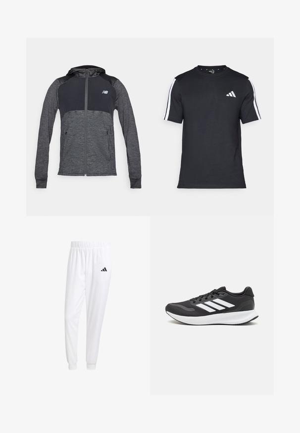 Sivá športová mikina s predným zipsom, kontrastnými tmavšími ramenami, dvoma prednými vreckami a malým logom na ľavej hrudi.; Čierne tričko z bavlny s krátkymi rukávmi, s bielymi pruhmi na pleciach a bielym logom na ľavej hrudi.; Biele športové nohavice z hladkej tkaniny, s elastickým pásom a priliehavými manžetami, s čiernym logom na zadnej vrecku.; Čierna športová obuv s priedušným sieťovaným zvrškom, bielymi akcentmi a polstrovanou podrážkou. Na bočnej strane sa nachádza logo so tromi pruhmi.