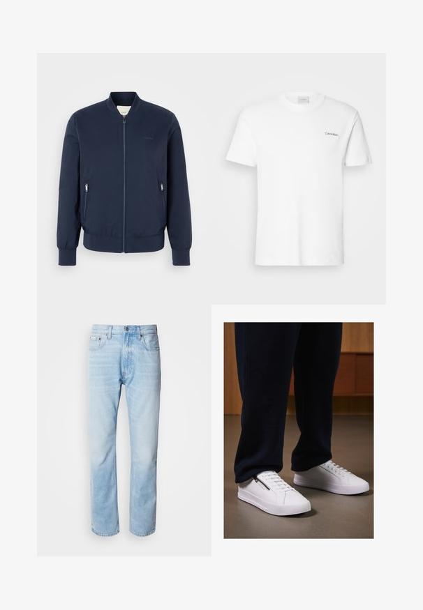 Marine bomberjakke lavet af letvægtsstof, med en frontlynlås, to lynlåslommer på siden og ribbede manchetter og kant.; Hvid bomulds T-shirt med korte ærmer og rund halsudskæring. Har et lille sort "Calvin Klein" logo på venstre bryst.; Lyseblå denimjeans med lige ben, har slidte sektioner, fem lomme-design og en klassisk knapåbning.; Hvide sneakers med en glat læderfinish, flad sål og snørebåndsdesign. Lynlåsdetaillen på siden tilføjer funktionalitet. Sammen med mørke joggers.