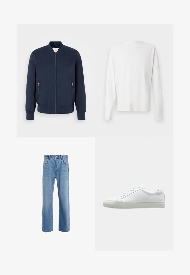 Jūras spēku bumbvedēja jaka, izgatavota no viegla auduma, ar priekšpusi ar rāvējslēdzēju, divām sānu kabatām ar rāvējslēdzēju un ribota jostas vietu un piedurknēm.; Garums piedurkņu baltā kokvilnas krekls ar apaļu dekoltē, sānu šķēlumiem apakšā un gludu tekstūru, redzams no aizmugures.; Gai zilas džinsu bikses ar taisnām kājām, piecām kabatām, pogu aizvēršanu, minimālu izbalēšanu un kontrastējošiem šuvju elementiem.; Baltie sporta apavi ar gludu ādas virsu un zemu profilu. Iezīmējas ar noapaļotu purngalu, sešām acīm un teksturētu gumijas zoli.