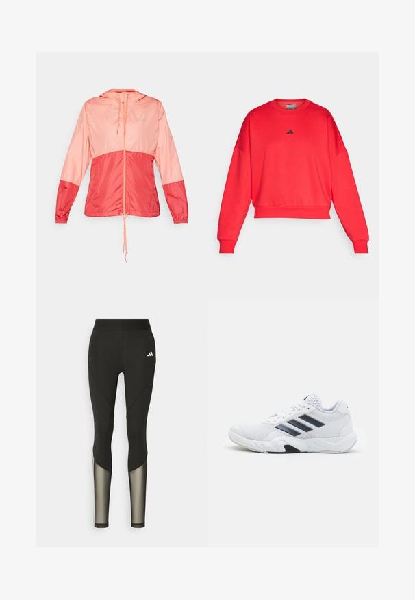 Lichte hooded jacket in roze en koraal, met een rits aan de voorkant, trekkoord aan de zoom en elastische manchetten voor een strakke pasvorm.; Rode cropped sweatshirt met een ronde hals en verlaagde schouders. Bevat een klein zwart Adidas-logo op de borst. Glad stofoppervlak.; Zwarte sportleggings met een hoge tailleband, voorzien van meshaccenten op de onderbenen en een geborduurd logo op de heup.; Witte sportieve schoen met een bovenwerk van mesh, drie zwarte strepen aan de zijkant, gestructureerde accenten en een stevige rubberen zool met een contrasterend zwart gedeelte.