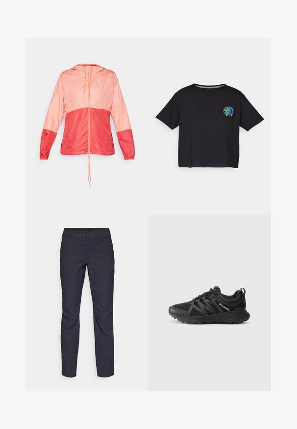 Lichte hooded jacket in roze en koraal, met een rits aan de voorkant, trekkoord aan de zoom en elastische manchetten voor een strakke pasvorm.; Zwart katoenen T-shirt met korte mouwen en een ronde, multicolor logo op de borst. Rechte zoom en een relaxte pasvorm.; Navyblauwe broek van gladde stof, met een sluiting aan de voorkant met een knoop, slim-fit ontwerp en geplooide details bij de knieën.; Columbia PEAKFREAK - Outdoorschoenen - black