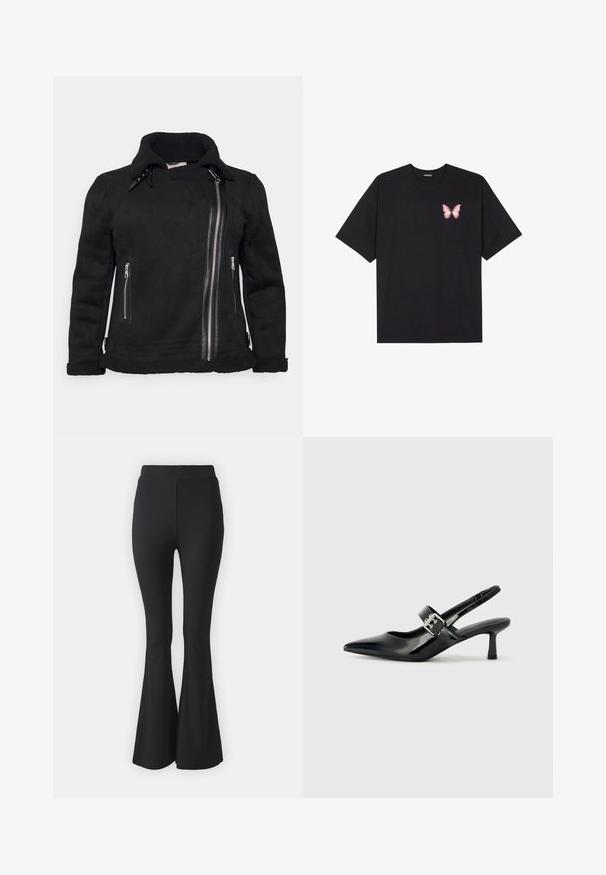 ONLY Carmakoma CARDIANA BONDED AVIATOR JACKET - Casaco de inverno - black; T-shirt de algodão preto com mangas curtas, apresentando um pequeno gráfico de borboleta rosa no lado esquerdo do peito. Design de gola redonda com um corte solto.; Calças pretas de boca de sino feitas de tecido elástico. Apresentam uma cintura alta e um design suave e ajustado que se alarga a partir do joelho para baixo.; Saltos slingback em verniz preto com bico pontiagudo e um pequeno salto bloco, apresentando um detalhe de fivela prateada na tira.