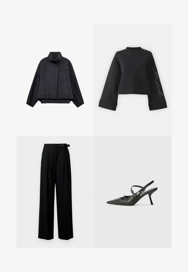 Tummanharmaa lyhyt takki, joka on valmistettu tekstuuritetusta kankaasta. Ominaisuuksiin kuuluu korkea kaulus, pitkät hihat ja kaksi etupussia, joissa on minimaalisen yksinkertaiset napit.; Mustavärinen lyhyt huppari pehmeästä kankaasta. Ominaisuuksiin kuuluu leveät hihat ja korkea kaulus, jossa on hopeinen strassikoristus yhdessä hihassa.; Mustat leveät housut korkealla vyötäröllä, etuosassa laskokset ja soljellinen vyö. Valmistettu sileästä ja kevyestä kankaasta.; Mustat nahkaiset slingback-korkokengät, joissa on terävä kärki, hoikka korko ja koristeellinen solkityyny varpailla. Tasainen pinta ja tyylikäs muotoilu.