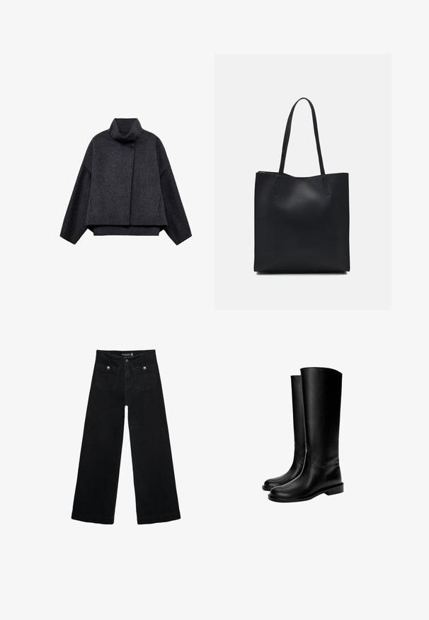 Mörkgrå kort jacka i texturerat tyg. Har en hög krage, långa ärmar och två framfickor med minimala knappdetaljer.; Svart kortad tröja i stickad material, med ribbad krage och manschetter, långa ärmar och en avslappnad passform.; Svart vida jeans med hög midja, med två framfickor och metalldetaljer i form av knappar. Tyget har en mjuk textur.; Svarta läderstövlar till knäna med en slät yta, rund tå, platt sula och minimalistisk design, med sydda sömmar och ingen synlig hårdvara.; Svart lädertoffelväska med slät textur, rektangulär form och två långa handtag. Ingen synlig hårdvara eller dekorationer.