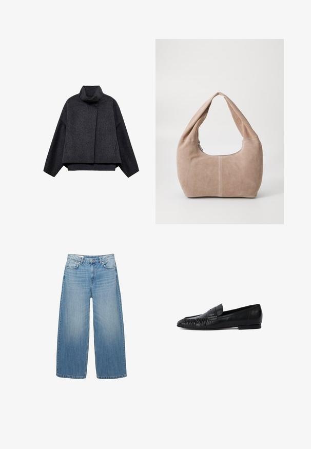 Czarnoszary krótki płaszcz wykonany z teksturowanej tkaniny. Posiada wysoki kołnierz, długie rękawy i dwie przednie kieszenie z minimalnymi detalami guzików.; Czarny sweter wykonany na szydełku z okrągłym dekoltem, długimi rękawami i skróconym fasonem. Wykonany z miękkiego materiału o gładkiej fakturze.; Jasnoniebieskie dżinsy o szerokich nogawkach, wykonane z denimu, charakteryzujące się klasycznym pięciopocketowym fasonem i zapięciem na guzik. Przez cały materiał widoczny jest efekt wypłowienia.; Czarne skórzane mokasyny z zaokrąglonym noskiem, haftem z przodu i płaską podeszwą. Minimalistyczny design z subtelnym akcentem logo.; Torebka typu hobo wykonana z miękkiego, zamszowego materiału w jasnym beżowym kolorze. Charakteryzuje się zaokrąglonym kształtem, szerokim paskiem oraz zapięciem na zamek.