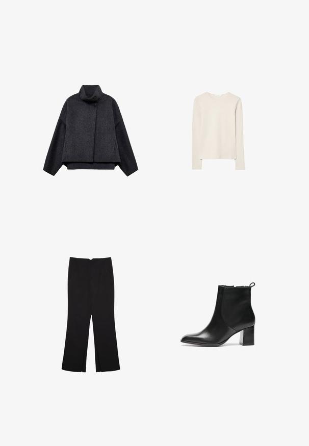 Mørkegrå cropped jakke lavet af tekstureret stof. Har en høj krave, lange ærmer og to forlommer med minimale knapdetaljer.; Lys beige langærmet top lavet af blød stof, med rund halsudskæring og en afslappet pasform med lige kant og minimal syning detaljer.; Sorte bukser med lige pasform, der har frontlommer og slidser i kanten. Lavet af blødt, glat stof. Velegnet til forskellige anledninger.; Sorte læder ankelstøvler med en rund tå, en mellemhøj blokhæl og en løkke bagpå. Glat tekstur, minimalistisk design.
