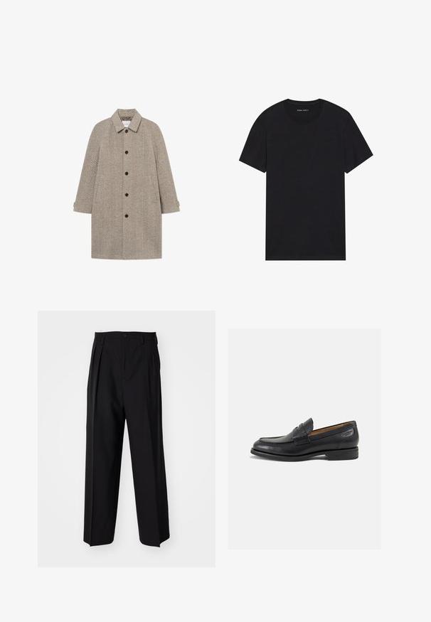 Les Deux MICHAEL HERRINGBONE COAT - Klassisk frakke - grey; Sort bomulds t-shirt med korte ærmer og rund halsudskæring. Stoffet har en glat tekstur og et enkelt, ensfarvet design.; Sorte plisserede bukser med et lige, bred ben-design. Fremstillet af glat stof, med en knaplukning og bæltesløjfer.; Sorte læder loafers med en glat finish, rund tå og dekorativ syning på vampen. Lav stablet hæl og let glans.