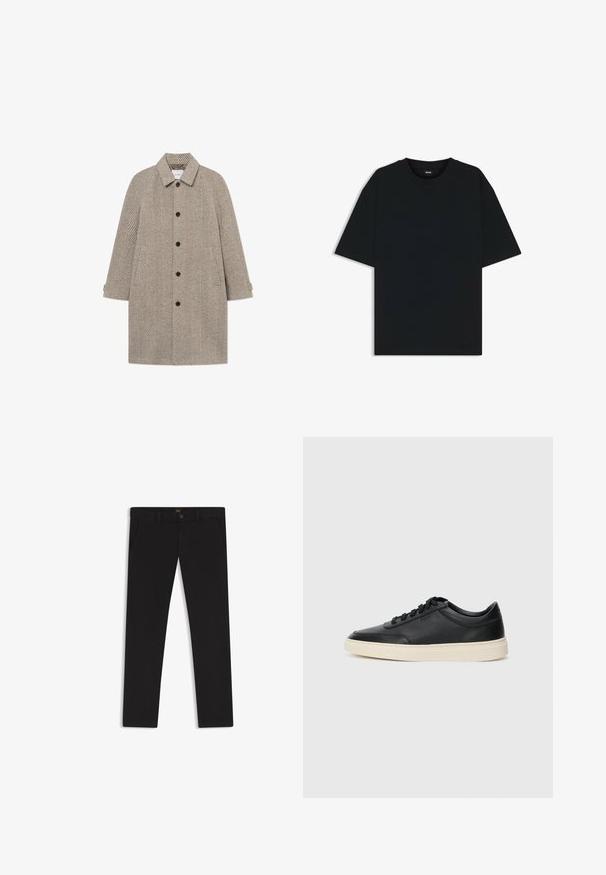 Les Deux MICHAEL HERRINGBONE COAT - Abrigo clásico - grey; Camiseta de algodón negra con cuello redondo y mangas cortas. Presenta un corte holgado y un diseño sencillo sin patrones ni acentos.; Pantalones negros de tela con una textura suave. Cuentan con cierre de botón, trabillas para cinturón y bolsillos laterales. Diseño de pierna recta estándar.; Zapatilla negra de piel de caña baja con cordones negros y suela color crema, mostrada en perfil lateral sobre fondo blanco.
