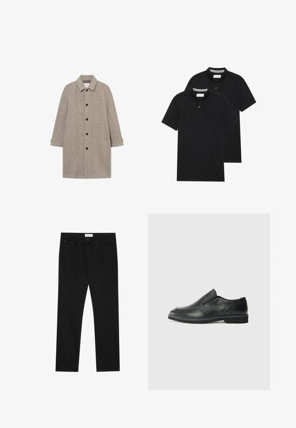 Les Deux MICHAEL HERRINGBONE COAT - Cappotto classico - grey; Due magliette polo nere, con maniche corte, in cotone, con colletto classico, pattina a due bottoni e dettagli a righe bianche all'interno del colletto.; Jeans neri a gamba dritta con design a cinque tasche, chiusura con bottone e zip, e etichetta del marchio Pier One sulla cintura.; Scarpa nera in pelle con inserto scivolare, superiore liscio, dettagli cuciti, punta arrotondata e tacco in gomma basso. La suola presenta un battistrada minimale.