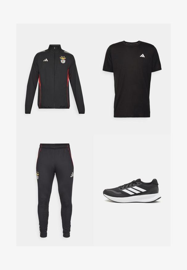 Giacca sportiva nera con accenti rossi, zip completa, collo alto, tre strisce bianche sulle spalle e stemma del Benfica con stelle.; T-shirt in cotone nero con maniche corte, scollo rotondo e logo bianco sul lato sinistro del petto. Texture liscia e design semplice.; Pantaloni sportivi neri con strisce laterali rosse, caratterizzati da un logo e tre stelle sul davanti. Realizzati in un materiale morbido ed elastico.; Scarpa sportiva nera con tomaia in mesh traspirante, dettagli bianchi e suola ammortizzata. Presenta il logo con tre strisce sul lato.