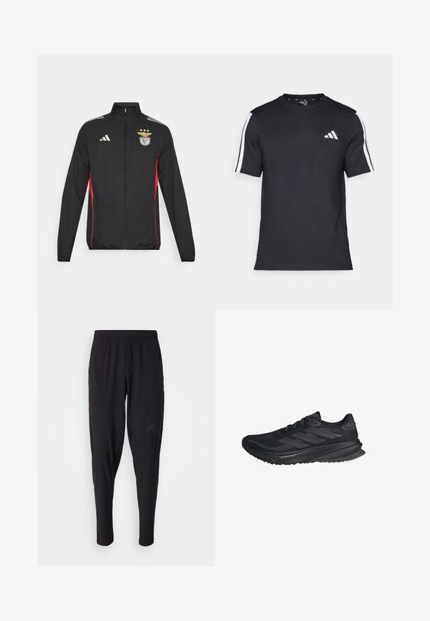 Casaco desportivo preto com detalhes em vermelho, fecho completo, gola alta, três riscas brancas nos ombros, e o emblema do Benfica com estrelas.; T-shirt preto feito de algodão, com mangas curtas, apresentando riscas brancas nos ombros e um logótipo branco no lado esquerdo do peito.; Calças atléticas pretas com um cós elástico, design afunilado, bolsos laterais e detalhe discreto do logótipo. Feitas de um tecido flexível e respirável.; Sapatilha de corrida Adidas preta com parte superior em Gore-Tex, três riscas de lado e "Dreamstrike" na sola, vista do lado exterior.