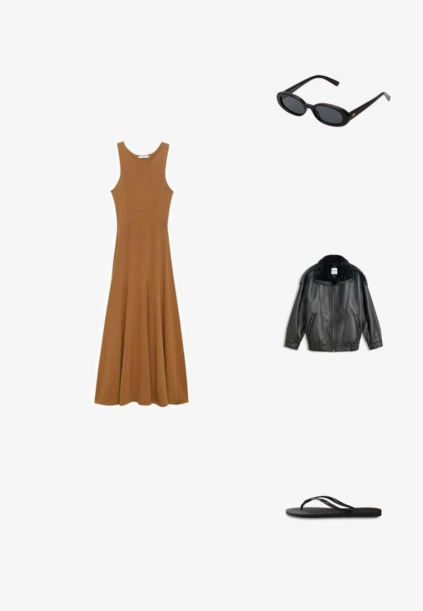 Črna usnjena jakna z umetnim krznom okoli ovratnika, z zadrgo spredaj, dvema stranskima žepoma, rebrastimi manšetami in sproščenim krojem. Gladka tekstura, minimalno oblikovanje.; Rjava brezrokavna maksi obleka iz mehkega blaga, ki ima prilega zgornji del in razširjen krilo. Preprost dizajn brez vidnih vzorcev ali dodatkov.; Črne natikače z teksturirano gumijasto podlogo, dvema ozkima trakoma in subtilnim, vtisnjenim logom na traku.; Črne oversize sončne očala z ovalnimi lečami, gladkim plastičnim okvirjem in zlatenimi detajli na templjih. Temne leče zagotavljajo zaščito pred soncem.; Rjava nubuk torbica s strukturirano trikotno obliko, zgornjim ročajem in pokrovom. Značilna podrobnost z logotipom na strani.