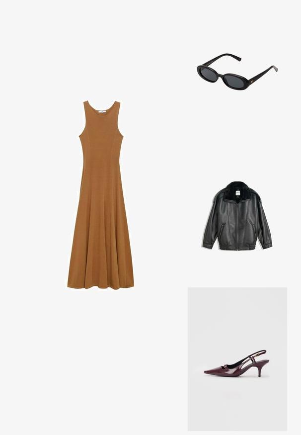 Črna usnjena jakna z umetnim krznom okoli ovratnika, z zadrgo spredaj, dvema stranskima žepoma, rebrastimi manšetami in sproščenim krojem. Gladka tekstura, minimalno oblikovanje.; Rjava brezrokavna maksi obleka iz mehkega blaga, ki ima prilega zgornji del in razširjen krilo. Preprost dizajn brez vidnih vzorcev ali dodatkov.; Burgundske slingback pete z ostrim nosom, sijajna usnjena površina, majhna odprtina spredaj in ozka stiletto peta z zlatimi poudarki.; Črne oversize sončne očala z ovalnimi lečami, gladkim plastičnim okvirjem in zlatenimi detajli na templjih. Temne leče zagotavljajo zaščito pred soncem.