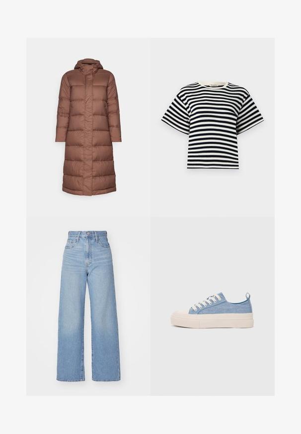 Patagonia SILENT LONG PARKA - Dūnu mētelis - molasses brown; Svītraina T-kreklā ar tumši zilu un baltu horizontālu svītru, īsām piedurknēm, apaļu kakla izgriezumu un brīvu piegriezumu. Izgatavots no mīksta kokvilnas auduma.; Gaiši zili augstās jostas vidukļa platās bikses ar priekšējo pogu un rāvējslēdzēju, priekšējām un aizmugurējām kabatām uz baltā fona.; Gaiši zili kanvas sneakeri ar krēmkrāsas gumijas pirksta aizsargu un ārējo zoli, aprīkoti ar baltām šņorēm un cilpu uz papēža.