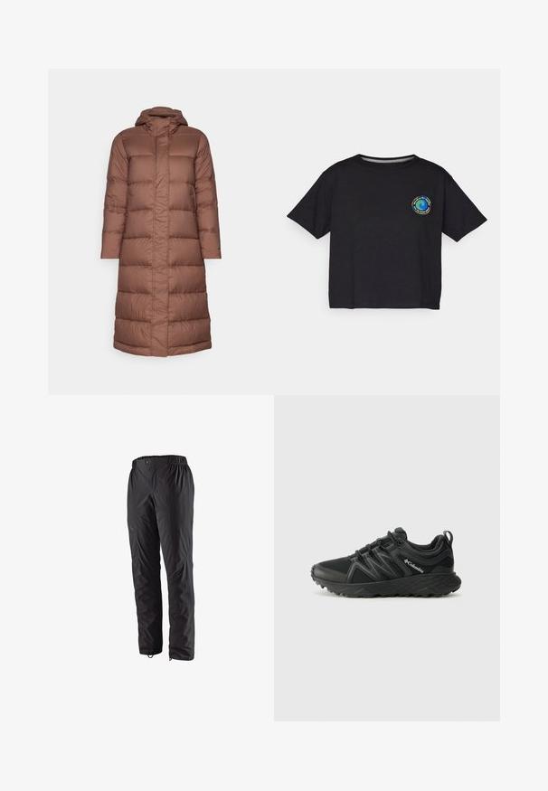 Patagonia SILENT LONG PARKA - Πουπουλένιο μπουφάν - molasses brown; Μαύρο κοντομάνικο μπλουζάκι από βαμβάκι με κυκλικό πολύχρωμο λογότυπο στο στήθος. Ευθεία γραμμή και χαλαρή εφαρμογή.; Μαύρο αδιάβροχο παντελόνι με ελαστική μέση, πλαινές τσέπες με φερμουάρ, στενούς μηρούς και λεία υφή. Ιδανικό για υπαίθριες δραστηριότητες.; Columbia PEAKFREAK - Παπούτσια πεζοπορίας - black