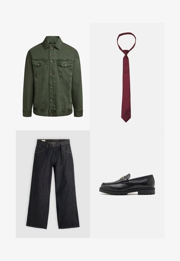 Grønn denimjakke med knappelukking foran, to brystlommer og krage. Har subtil søm og et lett teksturert stoff.; Hvit langermet skjorte med knapper laget av glatt stoff. Har klassisk krage, frontknapper og mansjetter med én knapp. Slim fit-design.; Mørk denim vidde bukser med belte i midjen, som har frontlommer og kontraststing. Glatt tekstur med et rent design.; Svarte skinnloafers med en glatt overflate, rund tå, en dekorativ rem med gullbeslag og en robust svart såle.; Burgunderfarget satengslips med glatt tekstur, smal bredde og spiss tupp; har en løkke for enkel bruk.