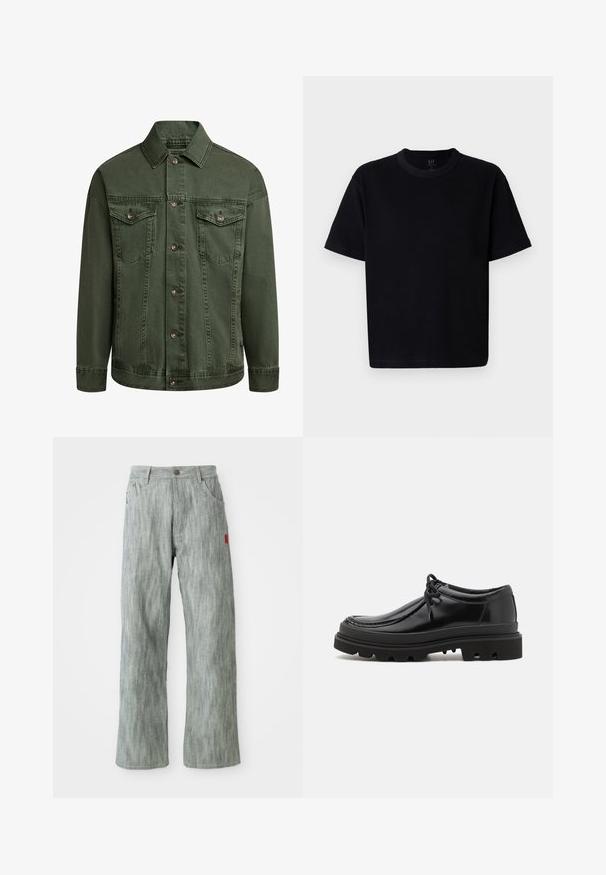 Veste en denim verte avec une fermeture à boutons, deux poches poitrine et un col. Présente des coutures discrètes et un tissu légèrement texturé.; T-shirt en coton noir avec un col rond, des manches courtes et une coupe droite. Présente des coutures minimales et une texture douce et lisse.; Pantalons en denim gris clair coupe droite avec poches avant et arrière, fermeture à bouton et une petite étiquette en tissu rouge sur le côté droit.; Chaussures derby en cuir noir au design élégant, bout rond et semelle en caoutchouc texturé avec des rainures profondes pour une meilleure traction.