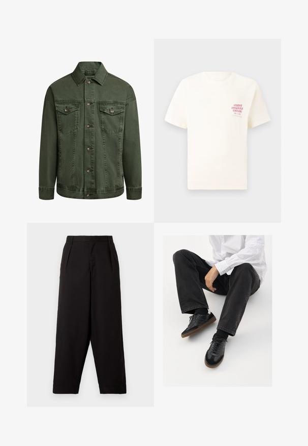Jaqueta de ganga verde com fecho frontal de botões, dois bolsos no peito e colarinho. Apresenta costuras subtis e um tecido ligeiramente texturizado.; T-shirt branca de mangas curtas com o texto vermelho "Edição Originais do Estúdio" no lado esquerdo do peito, apresentada sobre um fundo cinza neutro.; Calças largas pretas feitas de um tecido suave. Apresentam pregas na cintura e um ajuste descontraído, terminando acima do tornozelo. Sem hardware visível.; Sneakers pretos com parte superior lisa e texturada, apresentando uma sola de borracha e atacadores escuros. Combinados com jeans pretos e uma camisa branca às riscas.