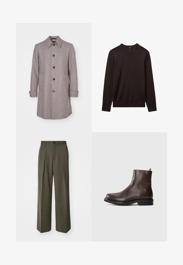 Abrigo de espiga marrón con un cuello, cinco botones frontales y dos bolsillos laterales. Presenta mangas enrolladas y un diseño de corte recto.; Reiss Jersey de punto - dark bordeaux; Filippa K WIDE TROUSERS - Pantalones - driftwood; Botín de cuero marrón hasta el tobillo con una textura suave, paneles laterales elásticos, tirador en la parte trasera y una suela de goma resistente.