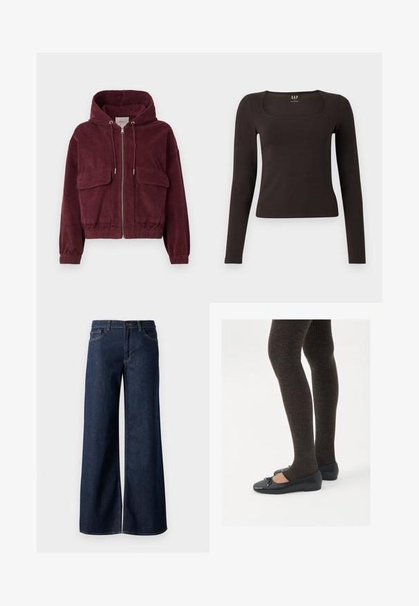 Bordeaux corduroy jas met een capuchon, voorkant met rits, twee grote zakken en elastische manchetten. Heeft een verticale ribbeltextuur.; Zwarte lange mouwen, getailleerde top met een vierkante halslijn, gelabeled GAP, weergegeven op een witte achtergrond.; Stijlen met wijde pijpen in donkerblauw denim. Kenmerkt zich door contrasterende stiksels, vijf zakken en een knoopsluiting in de taille. Soepele textuur.; Zwarte platte schoenen met een kleine strikdetail op de neus, gecombineerd met donkerbruine geribbelde panty’s. De schoenen hebben een gladde textuur en een lage profiel.