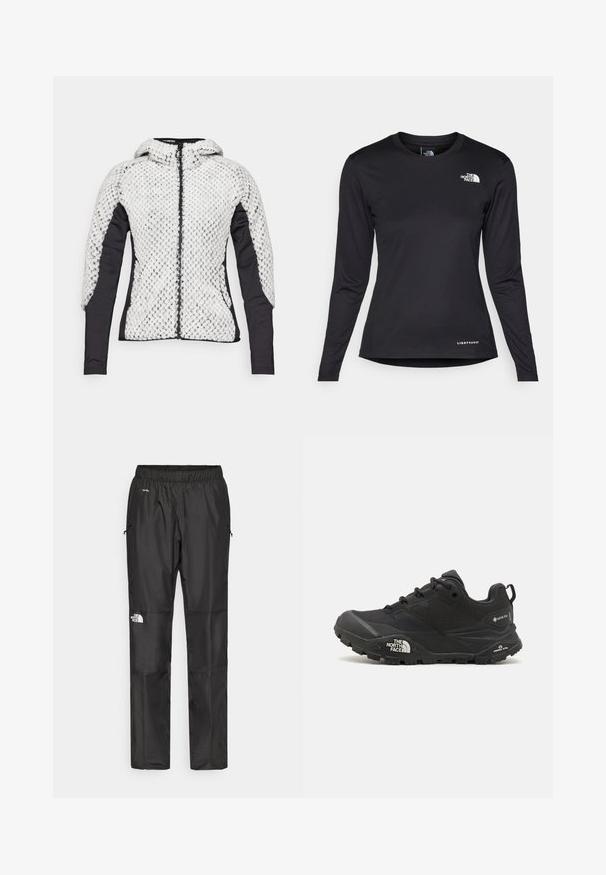 White textured fleece jacket with black side panels and sleeves, front zipper, and attached hood, displayed on a plain background.; The North Face SHADOW LONG SLEEVE - Long sleeved top - black; Black waterproof pants made from lightweight fabric, featuring an elastic waistband, side pockets, and a logo on the left leg.; Black hiking shoe with a textured upper, lace closure, and a chunky rubber sole featuring a prominent logo on the side and tread patterns.